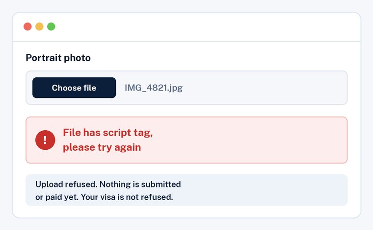 Illustration of the File has script tag, please try again error under the photo upload field