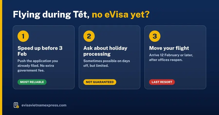 Three options when flying during Tet without an eVisa: speed up before 3 February, ask about holiday processing, or move the flight to 12 February or later